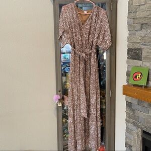 Brown Floral Print Maxi Dress with Tie Waist